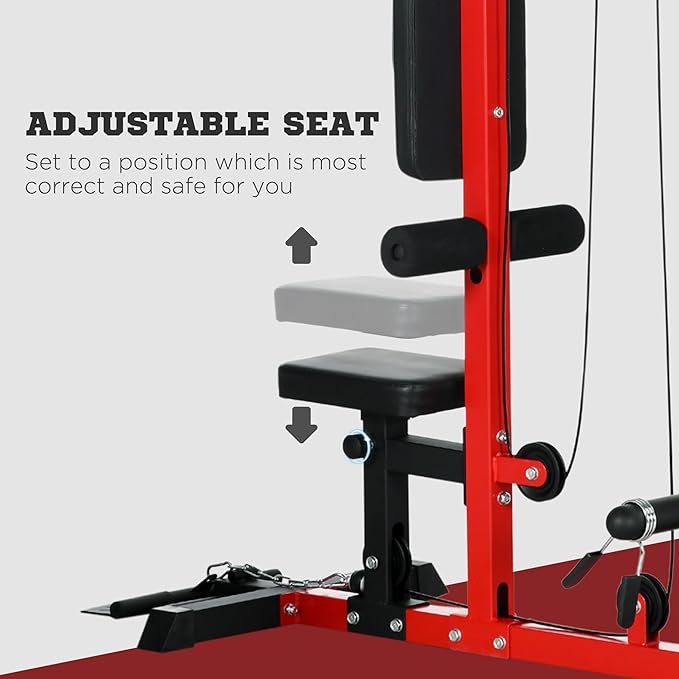 The lat machine's seat height changes four different levels - easy to set to a position which is most correct and safe for you when working out.  High and Low Pulley Machine with Adjustable Seat and Flip-Up Footplate