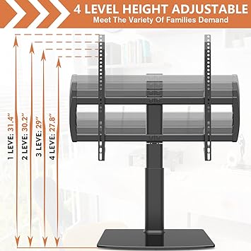 TV stand can easily hold your TV on your table with safety and stability,32 to 70 inch TVs 80 Degree Swivel, 4 Level Height Adjustable, Heavy Duty Tempered Glass Base