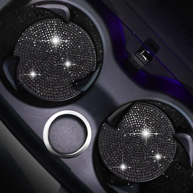 2Pack Rhinstone Crystal Car Coaster,r coaster has a diameter: 2.75 inches, weight: 0.72 ounces, small and mini, easy to carry and store. It is not only a coaster for car water cup holder, but also a very delicate car interior accessory for women