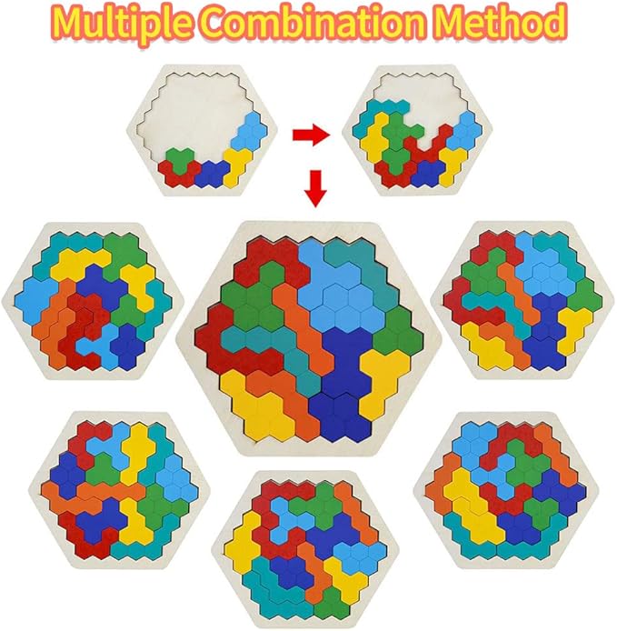 Instead of giving tablets/ mobiles to the kids for playing games its better to give this kind of wooden toys which increases their thinking, Pcs Wooden Colorful Hexagon Fun Geometry Logic Tangram Puzzles Table IQ Game STEM