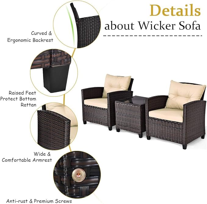 featuring ergonomically designed rattan sofas with a slightly sloping backrest to provide excellent support. Sofa Set with Cushion, Tempered Glass Top Table for Backyard Porch Garden Poolside Balcony, 3 Pieces Patio Furniture Set,
