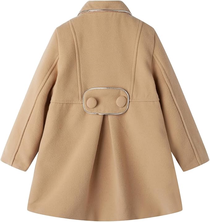 The dress features a classic peacoat silhouette with elegant silver trim details, Little Girls Peacoat Faux Wool Dress Coat Slim