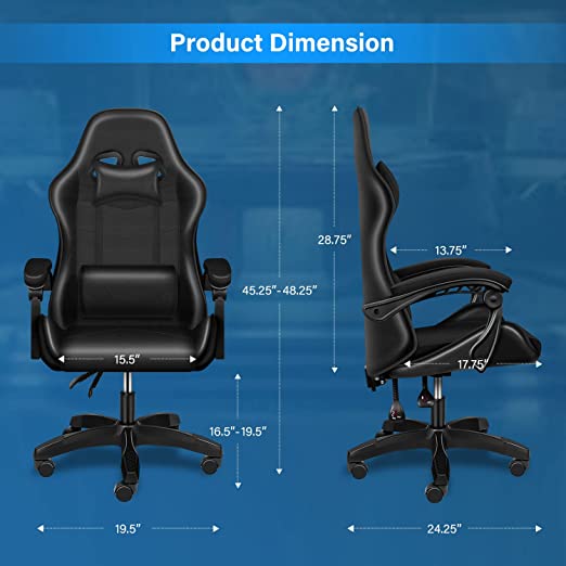 Gaming Chair, Office Computer Chair Ergonomic Racing Leather Reclining Desk Chair with Lumbar Support and Adjustable Armrests