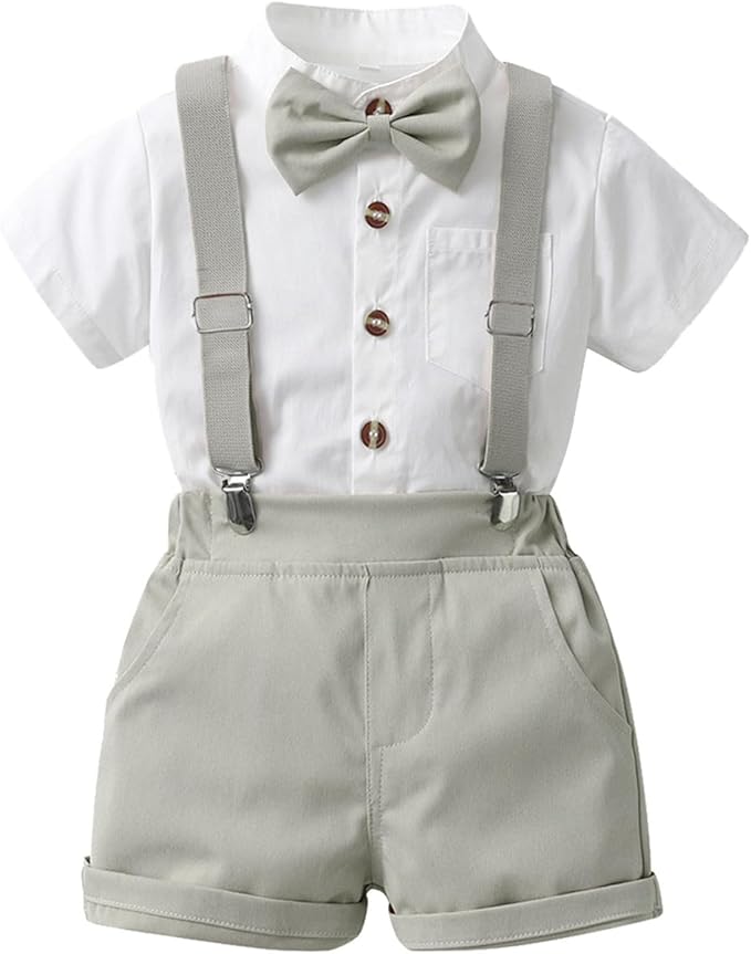 Features: Short sleeve shirt with non-detachable gray bowtie, button-up design with turn-down collar; gray detachable suspender shorts with two slanted pockets, cute summer clothes for your little one