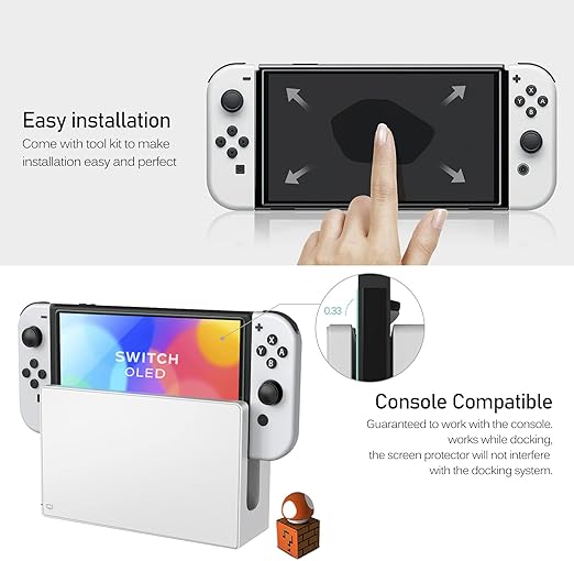 4x Tempered GLASS Screen Protector,1x Easy Install Frame,Dry&Wet Wipes,Squeeze Card,Easy Installation Use Guide. Glass Screen Protector Designed for Nintendo Switch OLED Model 2021