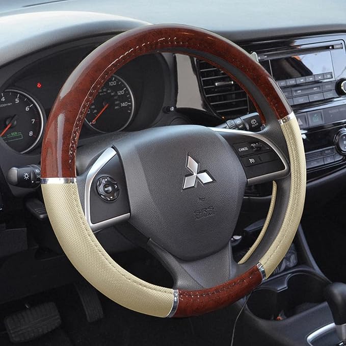15 inch with Beige Leather Grip, wheel cover is made of rubber, the elastic material makes the steering wheel cover easy to install and fit snugly against the steering wheel. Added safety features while driving.
