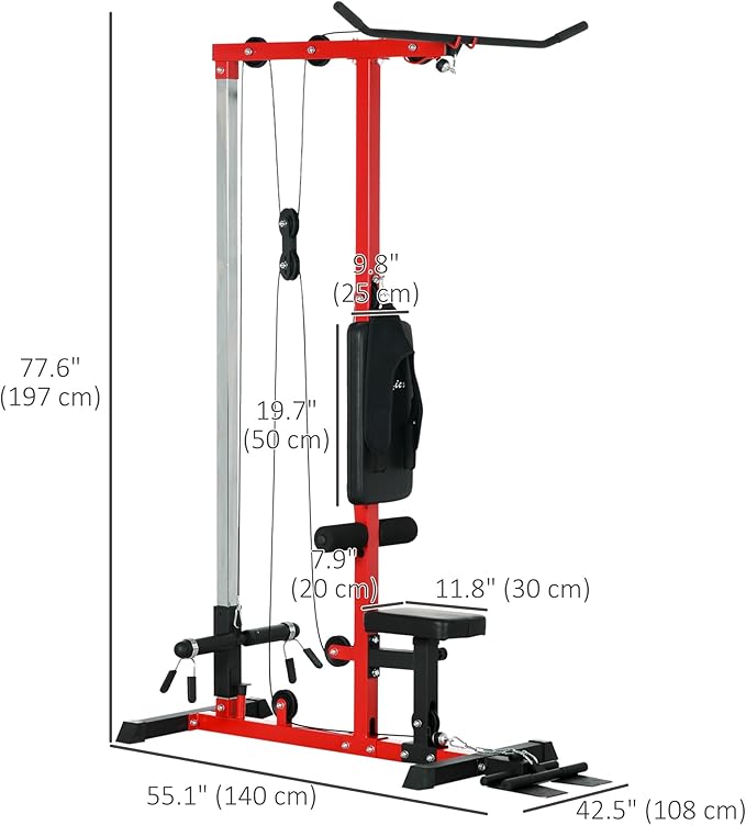The lat machine's seat height changes four different levels - easy to set to a position which is most correct and safe for you when working out.  High and Low Pulley Machine with Adjustable Seat and Flip-Up Footplate