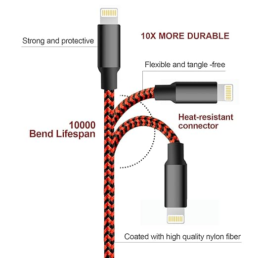 Apple certified built-in terminal and smart chip ensure your Apple devices are charged safely at their fastest possible speed,  iPhone Charger, 5 Pack 3/3/6/6/10FT Apple MFi Certified USB Lightning Cable