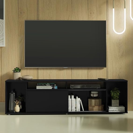 TVs up to 80 inches, Cable management at the back, NO paint finish at the back and Supports up to 66 lbs - 30 Kg, enter with 1 Sliding Door and 5 Shelves, TV Stand for TV's up to 80 Inches, Wood, 20'' H x 14'' D x 71'' L - Black
