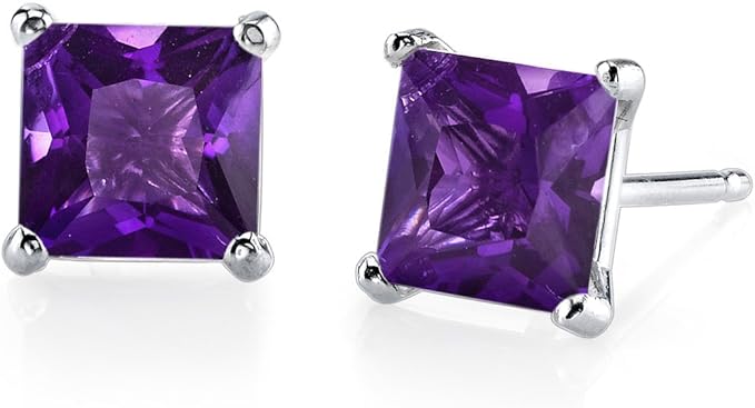 Genujine Gemstone Birthstone Classic Solitaire Princess Cut, Set in a classic 4-prong 14K White Gold Earring solitaire style,