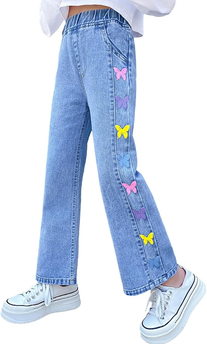 Girls blue baggy Jeans with trendy colorful butterfly print, 2 pockets on front offer functional flair.