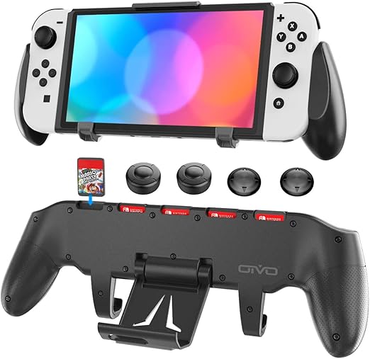 Modeled after the Switch Pro Controller, this grip is designed to greatly improve the quality of feeling, Pro Grip with Upgraded Adjustable Stand for Nintendo Switch, Asymmetrical Grip with Upgraded Adjustable Stand/Cartridge Holders