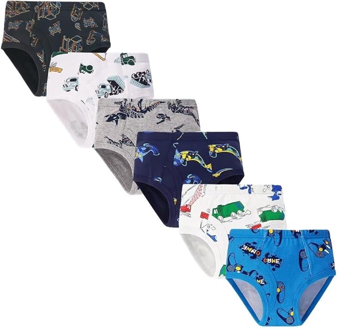 6 pieces a bag, packaged securely and we offer nice series Kids undies,beautiful and adorable print design,  Soft Cotton Briefs Dinosaur Truck Shark Toddler Kids Underwear