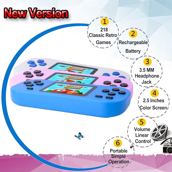 Retro Handheld Games for Kids with Built in 218 Classic Arcade Game 2.5'' Screen 3.5MM Headphone Jack USB Rechargeable