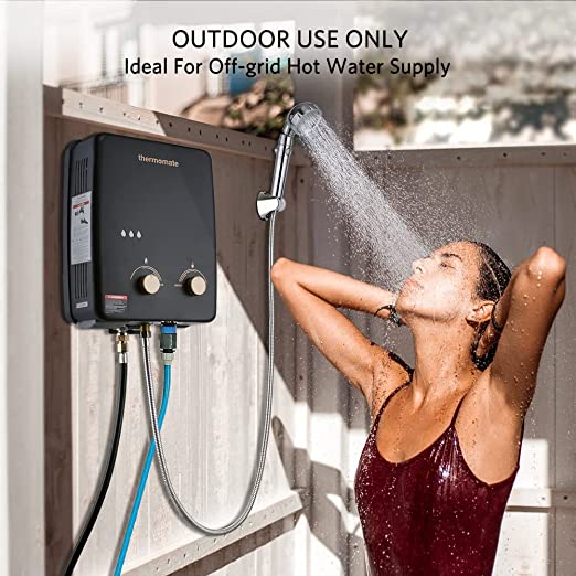 Tankless Water Heater, thermomate 5L Portable Propane Gas Water Heater with Overheating Protection, 1.32 GPM, Outdoor Instant Water Heater for RV Camping, 34,000 BTU/Hr, Easy to Install, Black