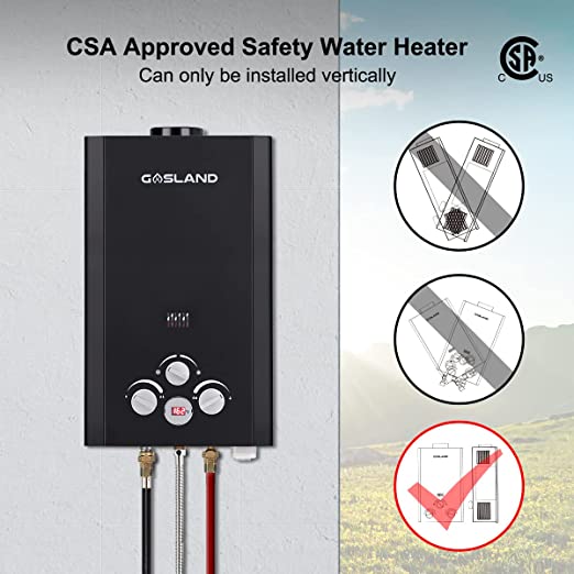 Tankless Water Heater Propane, GASLAND Outdoors 10L 2.64GPM Gas Water Heater, Instant Hot Water Heater, Overheating Protection, Easy to Install, Use for RV Cabin Barn Camping Boat(Black)
