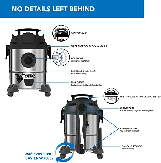 Heavy-Duty Stainless Steel Semi- Commercial Shop Vacuum System Powerful 5 Peak HP Motor, 63.5''