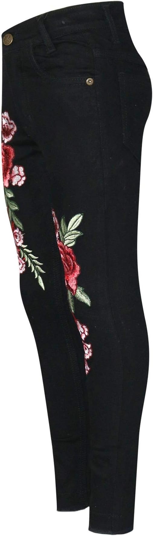 Girls Stretchy Jeans Designer's Roses Embroidered Black, Jeans Roses Embroidered Jet Black Denim Trousers Jeggings