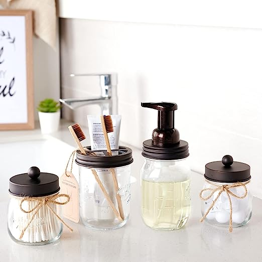 Set 4 - Mason Jar Soap Dispenser & 2 Apothecary Jars & Toothbrush Holder - Rustic Farmhouse Restroom, Bathroom Home Decor Clearance, Countertop Vanity Organizer, Black