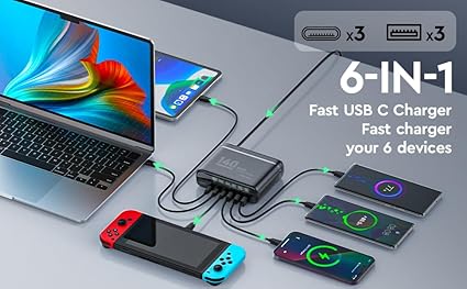 Our universal laptop charger is equivalent to the usb c 100w charger combined with 65w usb c charger or 45w usb-c charger. 40W USB C Charger Block 6 Port LED USB Charging Super Fast Hub Charging Blocks USB C Laptop Charger Replaceable Plug