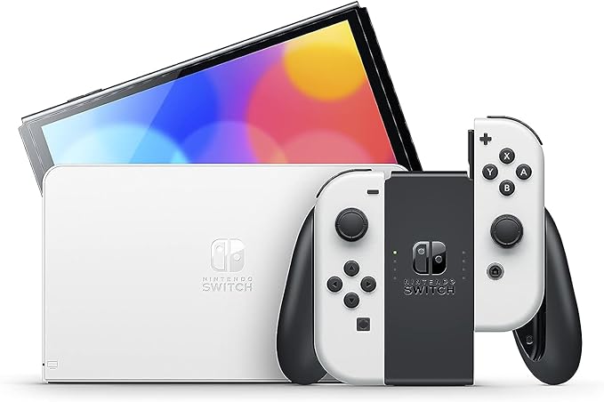Freely angle the system's wide, adjustable stand for comfortable viewing in Tabletop modev, Nintendo Switch Console - OLED Model