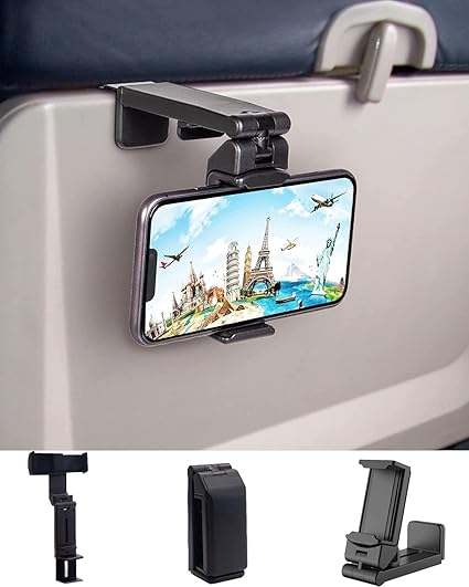 The cell phone stand adjustable is rotatable that allows you to adjust the angle, Flight Phone Mount Clip Portable Foldable Travel Essentials for Flying Plane