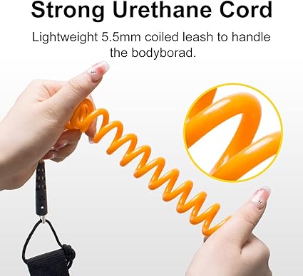 Coiled Bodyboarding Leash Premium Coil Body Board Leash with Plug,  being coiled it is tangle free and does not dangle in the water, which can be able to resist the sea water corrosion for a very long time.