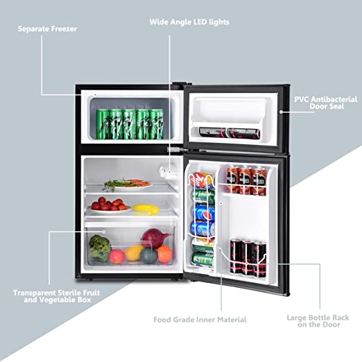 Mini Freezer Cooler Fridge w/2 Reversible Door, Removable Glass Shelves