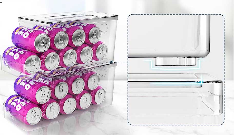 stackable with lids for saving space. There will be extra storage on the lid top, which maximizes the use of refrigerator storage space, Clear Plastic Refrigerator Organizer Bins, Beverage Can Holders for Pantry, Freezer, Kitchen, Cabinets Set of 2