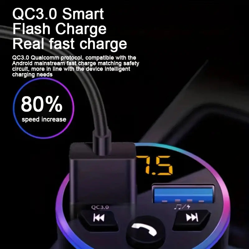 Car Charging Real-time Digital Display Blue Atmosphere Light Ring Can Charge Multiple Devices