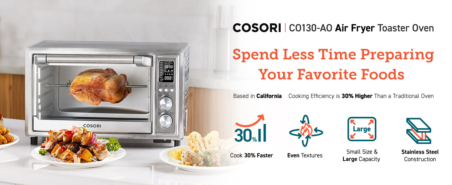 COSORI Air Fryer Toaster Oven, 12-in-1 Convection Oven Countertop with Rotisserie, Stainless Steel 32QT/32L, 6-Slice Toast, 13-inch Pizza,100 Recipes, Basket, Tray(6 Accessories)Included, CO130-AO