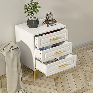 nightstand with 3 drawers takes up less space, providing plenty of storage space. Convenient for DVDs, lamps, books, glasses, décor accessories,Modern Bedside Table with Gold Solid Metal Legs, Wood Side Table Bedroom,Sofa End for Hallway