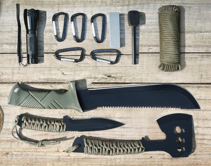 Sheath Provides Additional Protection & Convenience - Axe and two Knives have their own protective nylon Sheath, Fixed Blade Knife with Sheath, One-Piece Camping Hatchet and Hunting Knife with Rope Handle