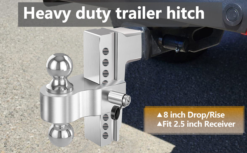:Trailer hitch ball mount is designed using powder coated aircraft-grade aluminum. which grants long-lasting defense against rust, wear and corrosion  Fits 2.5 Inch Receiver,8-Inch Drop/Rise Drop Hitch, 2