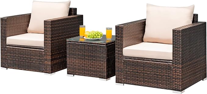 3pcs sofa set is ideal to be placed in your garden, patio, balcony, poolside and backyard.Washable Cushion and Tempered Glass Tabletop, 3 Pieces Patio Furniture Set