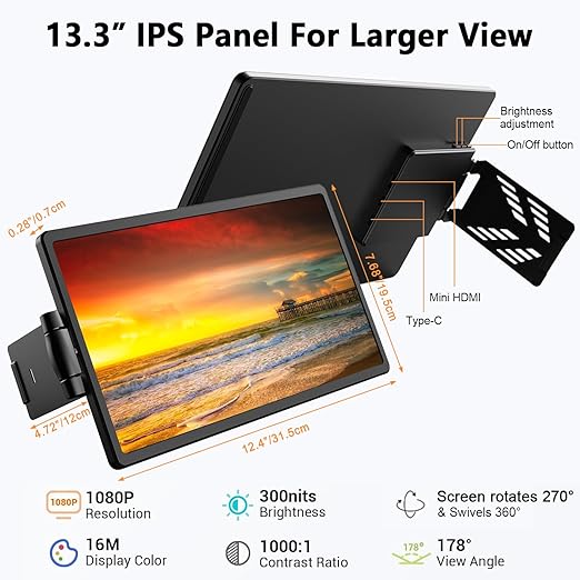 The monitor extender has a 270°/360° maximum extending Angle. This multifunctional dual monitor turns one computer into 2.  Screen Extender, 13.3 Inch Mini Game Monitor 360° Rotatable Attachable Portable Monitor Extender for Laptop,