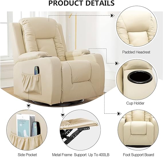 The folds can also be removed by heating with a hair dryer (the temperature is appropriate).360 Degree Swivel Single Sofa Seat with Drink Holders Living Room Chair Cream White  PU Leather Ergonomic