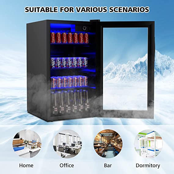 120-Can Mini Fridge 3.2 Cu.Ft Beverage Center for Beer Pop Soda w/Glass Door & Adjustable Shelving, Blue LED Light,