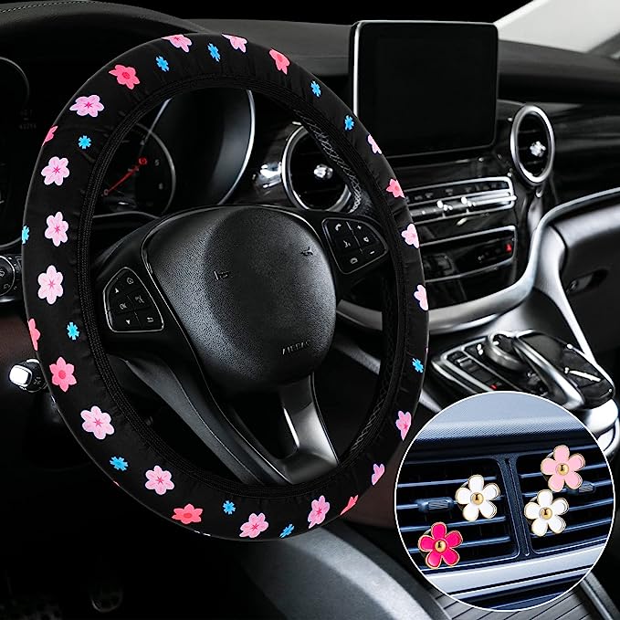 Steering Wheel Cover Floral Steering Wheel Cover for Girls with 4 Pieces  The steering wheel cover is comfortable to touch and fits tightly with the steering wheel, which can keep a good grip when your hands are sweating in summer