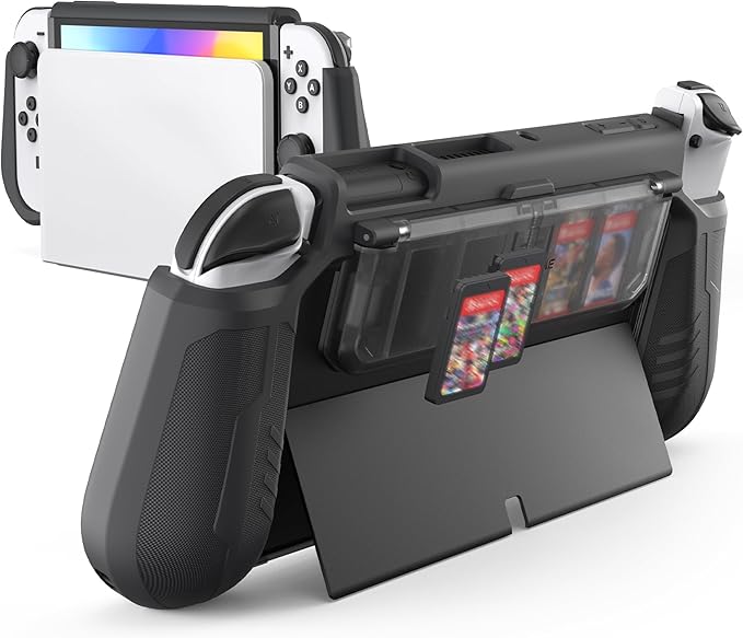 Combination of protective case and game storage, we upgrade to the external game card holder on the back which can store 4 game cards and 2 SD cards, Nintendo Switch OLED Model 2021, with Flip Design Game Card Holder,