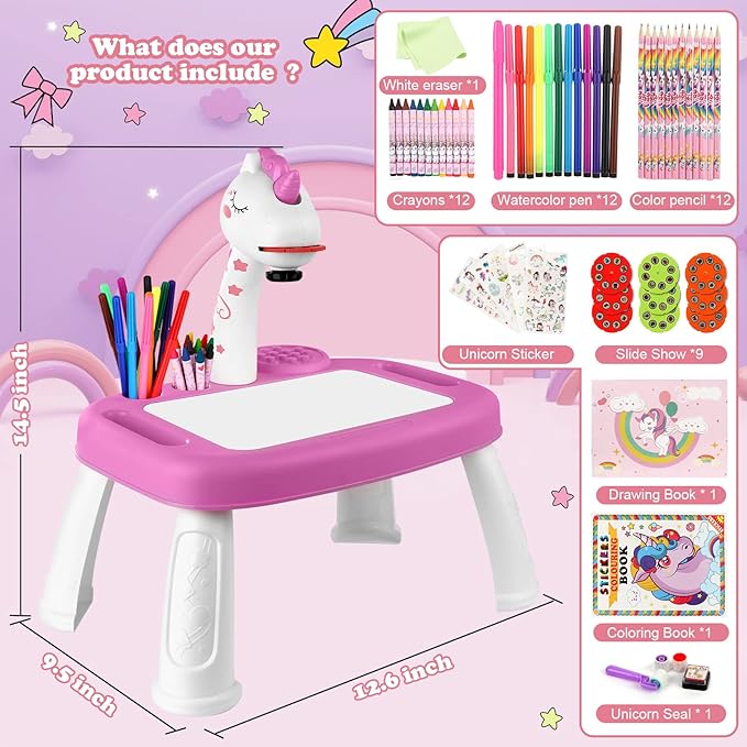 This drawing table is the latest model, which is bigger than the old model and suitable for children.P.S. It has a switch with 3 positions. Drawing Projector,Arts and Crafts for Kids,Include Drawing Board with Music,Watercolor PENS