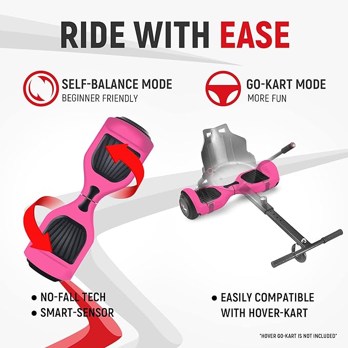 Dual 200W brushless motors with 6.5” solid shining tires go up to 10 km/hr. Big lithium-Ion battery powers up to 8 , Hoverboard with Music Speaker and LED Front Lights All Terrain 6.5