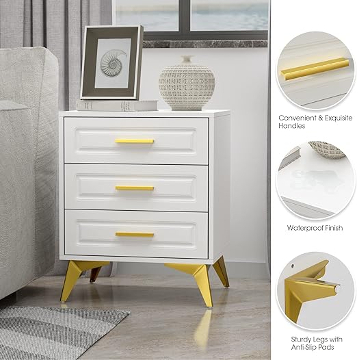 nightstand with 3 drawers takes up less space, providing plenty of storage space. Convenient for DVDs, lamps, books, glasses, décor accessories,Modern Bedside Table with Gold Solid Metal Legs, Wood Side Table Bedroom,Sofa End for Hallway