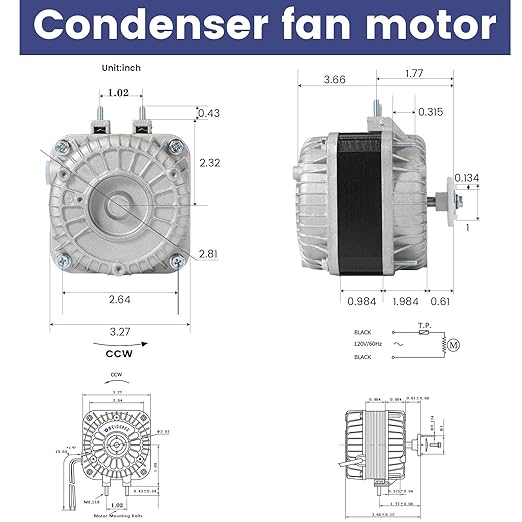 120V Y60Hz ZF18-25, AC motor is Class B insulation, Condenser Fan AC Motor YZF18-25, motor is Class B insulation, and has built-in overheat protector, the protection temperature is 257 °F, the motor can work continuously in -13 °F to 122 °F