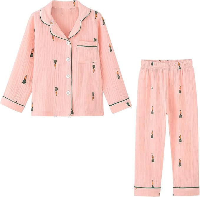 classic notch collar; Buttons up pajamas top; elastic waistband pajamas short, ensure formfitting and comfort and easy to put on and take off Set Classic Girls Boys Button-Down Pjs Set 100% Cotton Long Sleeve Sleepwear 2 Piece Lounge Set