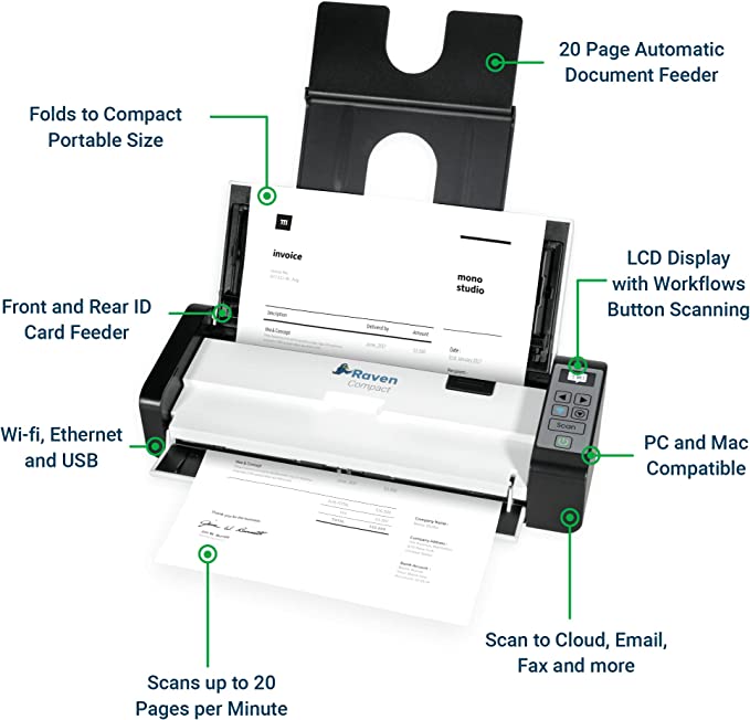 Raven Compact Document Scanner - Fast Duplex Scanning, Ideal for Home or Office, Scan to Mac or Windows PC, Includes Raven Desktop Software (USB + WiFi)