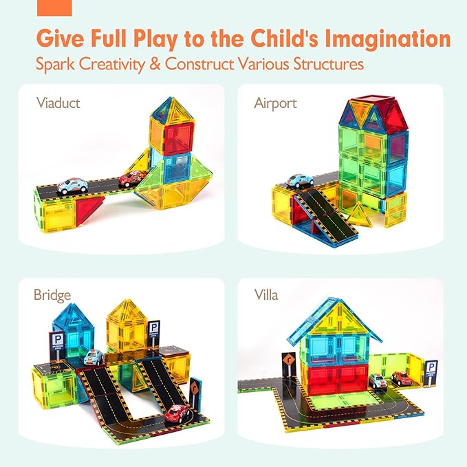 this set invites your child to build, race, and imagine without limits.Magnetic Tiles for Kids 3-5 with Road Toppers - STEM Kids Toys for 3 4 5 Year Old Boys Girls, Preschool Toys Magnetic Building