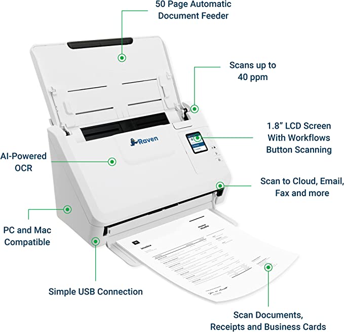 Raven Select Document Scanner for Windows PC and Mac Computer, Color, Two Sided Duplex, Auto Document Feeder (ADF), Scan to Cloud, Home or Office Desktop, USB