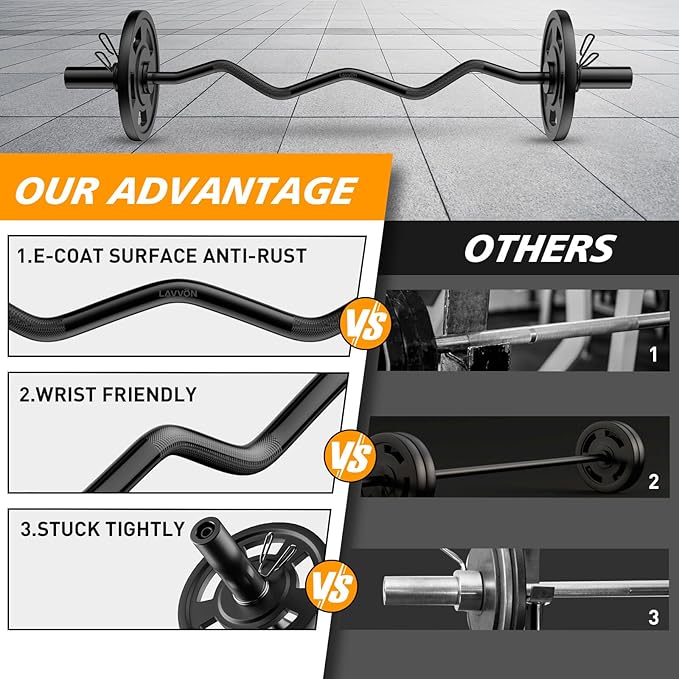 EZ Curl Barbell Bar 47, Weight Capacity Olympic Burl Barbell 2 Inch for Bicep, Tricep and Weight Lifting Exercises with Weight Plates Set