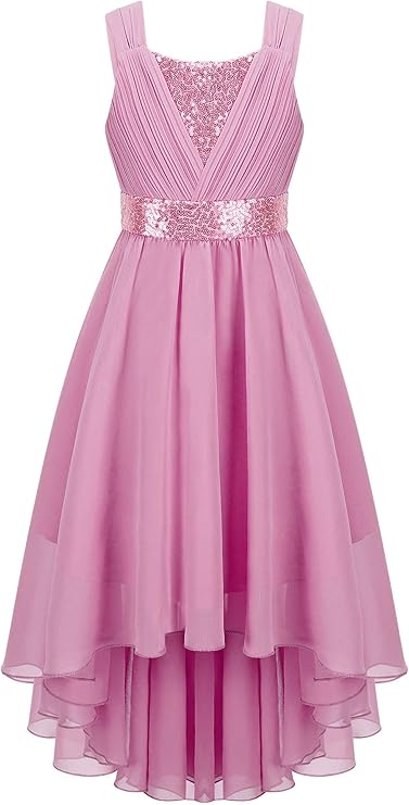 Kids girls elegant chiffon party dress off-the-shoulder adjustable spaghetti strap A-line floor length dress for evening, Girls Sparkle Sequin Asymmetric Chiffon Wedding Bridesmaid Flower Girl Dress for Special Occasion